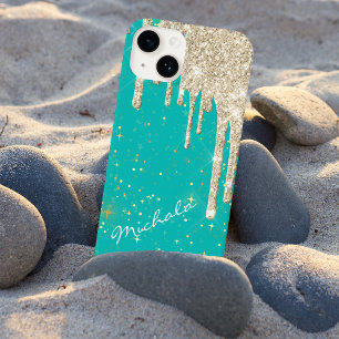 Coque Pour iPhone 14 Aqua Blue Star Sparkle Silver Parties scintillant