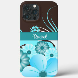 iPhone 13 Pro Max Case Aqua Blue Turquoise & Chocolat Brown Hibiscus Flor