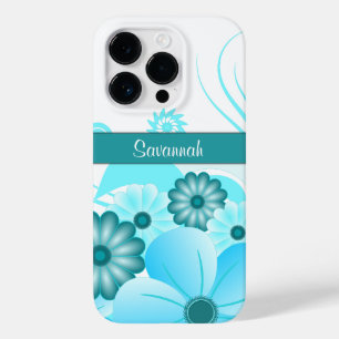 Coque Pour iPhone 14 Pro Aqua Blue Turquoise Hibiscus design floral tendanc