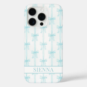 Coques iPhone 16 Pro Aqua Coquette Nœuds Rayé Monogrammé