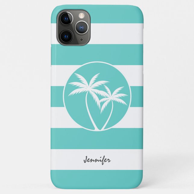 Coques Case-Mate iPhone Aqua et Blancs et Palmiers avec nom (Dos)