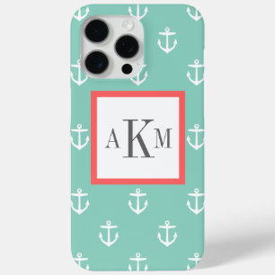 Coque iPhone 15 Pro Max Aqua et Coral Ancre nautique Monogramme personnali