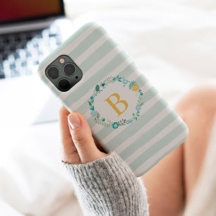 Coque Pour iPhone 15 Aqua et Monogramme floral jaune