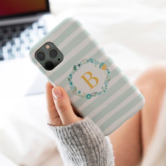 Coques Case-Mate iPhone Aqua et Monogramme floral jaune (Créateur téléchargé)