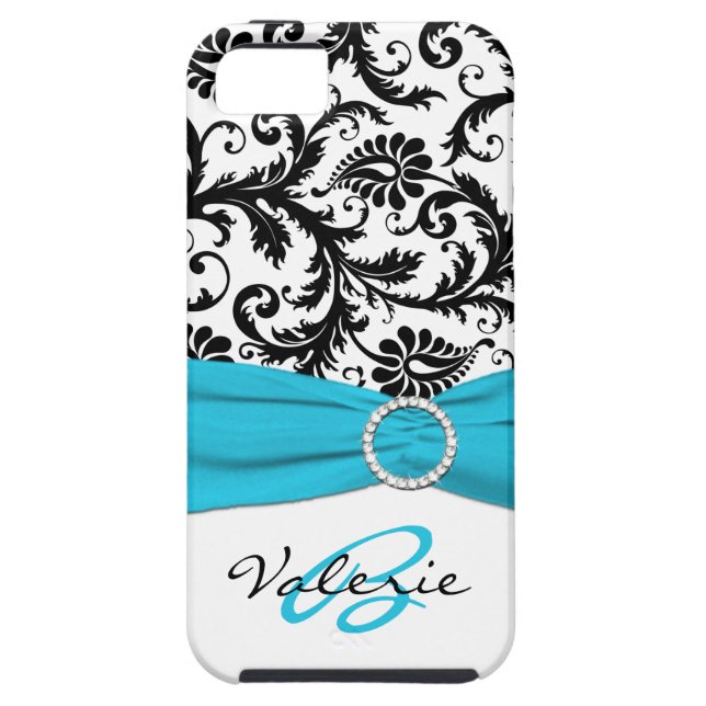 Coques Case-Mate iPhone Aqua IMPRIMÉ de RUBAN, noir, damassé florale (Dos)