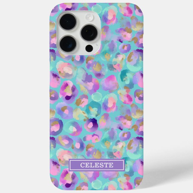 Coques Case-Mate iPhone Aqua Iridescent Imprimé Léopard Monogrammé (Verso)