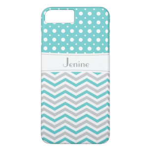 Coques Pour iPhone Aqua moderne, gris, chevron blanc & poka point