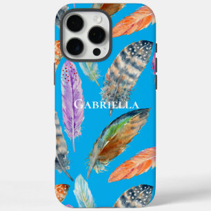 Coques iPhone 16 Pro Max Aqua Purple Blue Orange Feathers