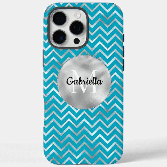 Coques Case-Mate iPhone Aqua Silver Zigzag Stripes Monogramme (Verso)