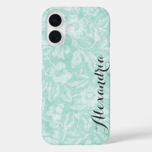 Coque Pour iPhone 16 Aqua Vintage Floral Imprimer Monogramme