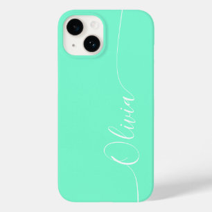 Coque Pour iPhone 14 Aquamarine Blanc Élégant Calligraphie Nom du scrip