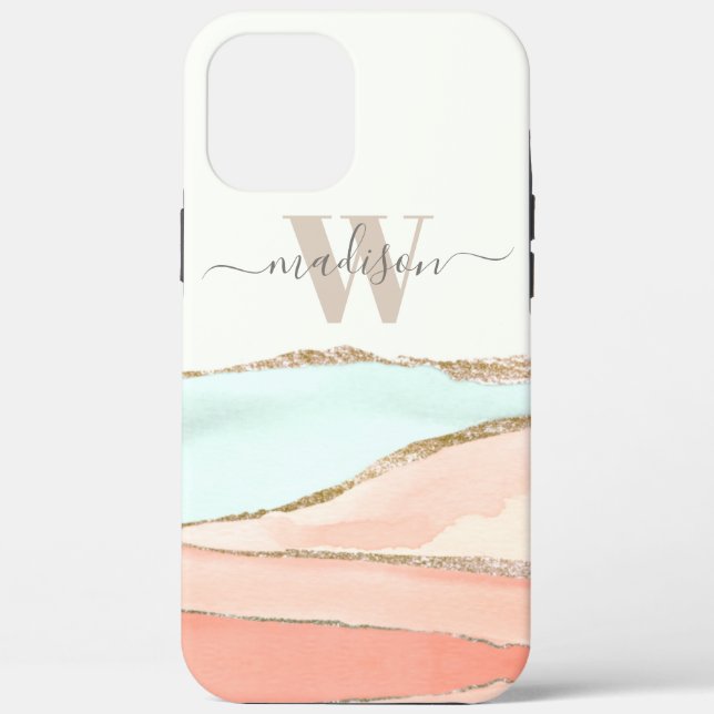Coques Case-Mate iPhone Aquarelle Abstraite côtière avec nom et monogramme (Verso)