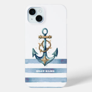 Coque iPhone 15 Mini Aquarelle Ancre marine Bleu clair rayures