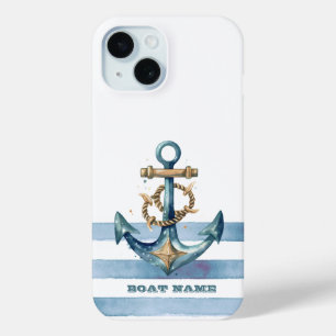 Coque Pour iPhone 15 Aquarelle Ancre marine Bleu clair rayures
