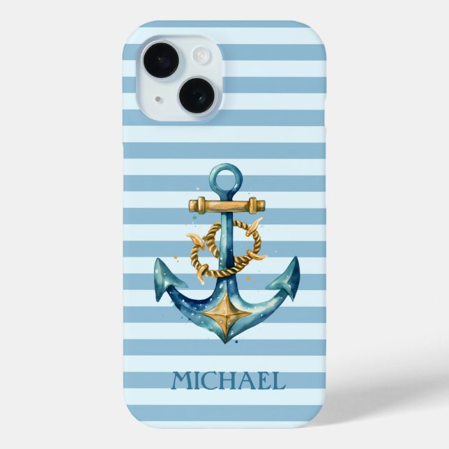 Coques Case-Mate iPhone Aquarelle Ancre marine Bleu clair rayures (Verso)