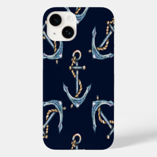 Coque Pour iPhone 14 Aquarelle Ancres Bleu marine