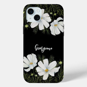 Coque iPhone 15 Mini Aquarelle Blanc Cosmos Fleurs Peinture Botanique