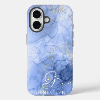 Coque Pour iPhone 16 Aquarelle bleu azur encre d'alcool personnalisable