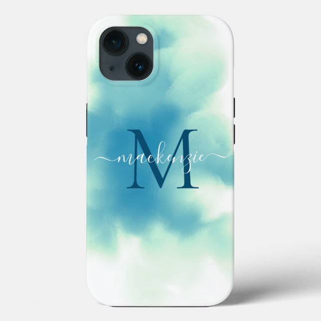 Coques Case-Mate iPhone Aquarelle bleu chic Abstrait Monogrammé (Verso)