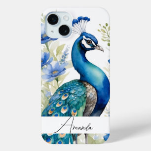 Coque iPhone 15 Mini Aquarelle bleu Fleurs sauvages Peacock texte perso