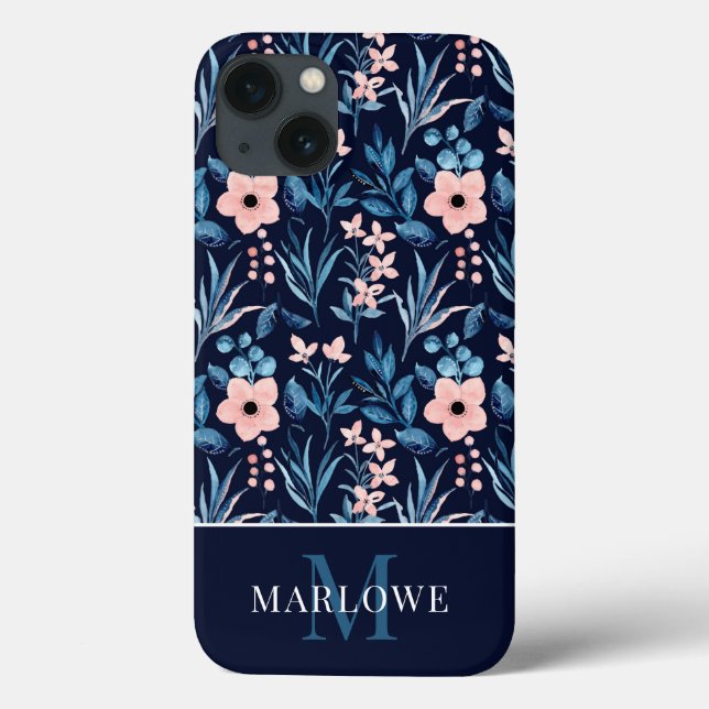Coques Case-Mate iPhone Aquarelle bleu rose monogramme Motif floral (Verso)