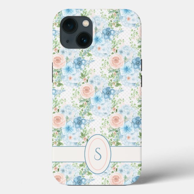 Coques Case-Mate iPhone Aquarelle bleu rose rustique Monogramme (Verso)