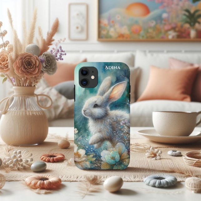 Coques Case-Mate iPhone Aquarelle bleu Turquoise artistique Lapin floral (Créateur téléchargé)