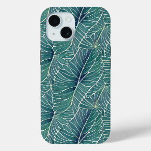 Coque Pour iPhone 15 Aquarelle Bleu Vert Turquoise Tropical Feuille Mot