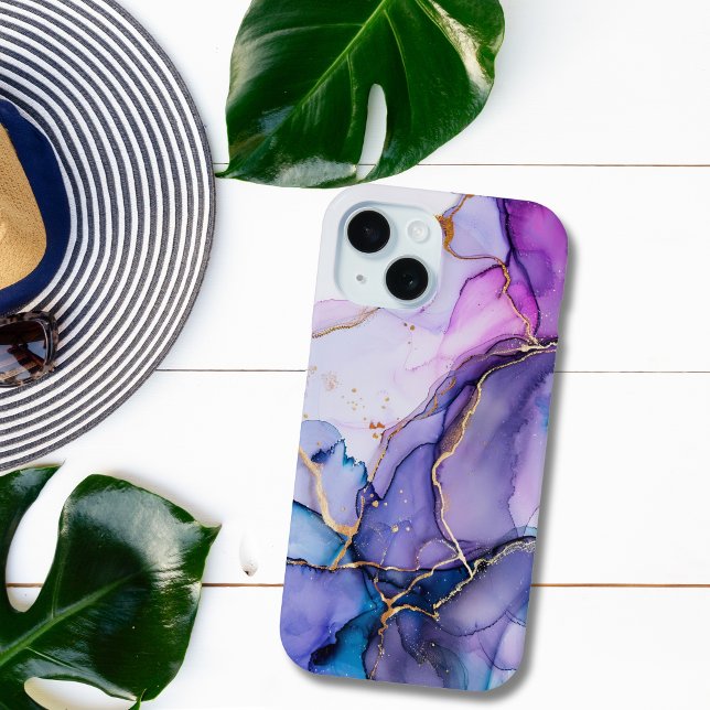Coques Case-Mate iPhone Aquarelle bleu violet or marbre d'encre d'alcool (Purple Blue Gold Watercolor Alcohol Ink Abstract Pattern iPhone Samsung Phone case)