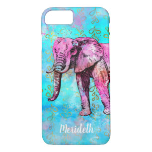Coque iPhone 8/7 Aquarelle bleue faite sur commande d'éléphant rose