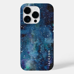 Coque Pour iPhone 14 Pro Aquarelle bleue Galaxy Space Stars Nom