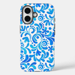 Coque Pour iPhone 16 Aquarelle botanique Bleu et Blanc