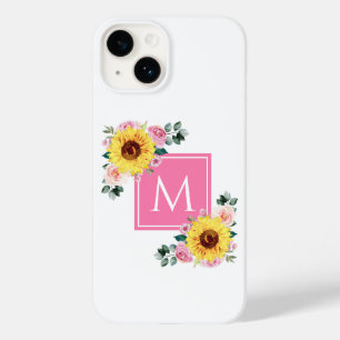 Coque Pour iPhone 14 Aquarelle botanique rose tournesol Monogramme