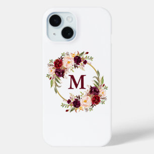Coque Pour iPhone 15 Aquarelle Bourgogne Floral Monogramme de couronne