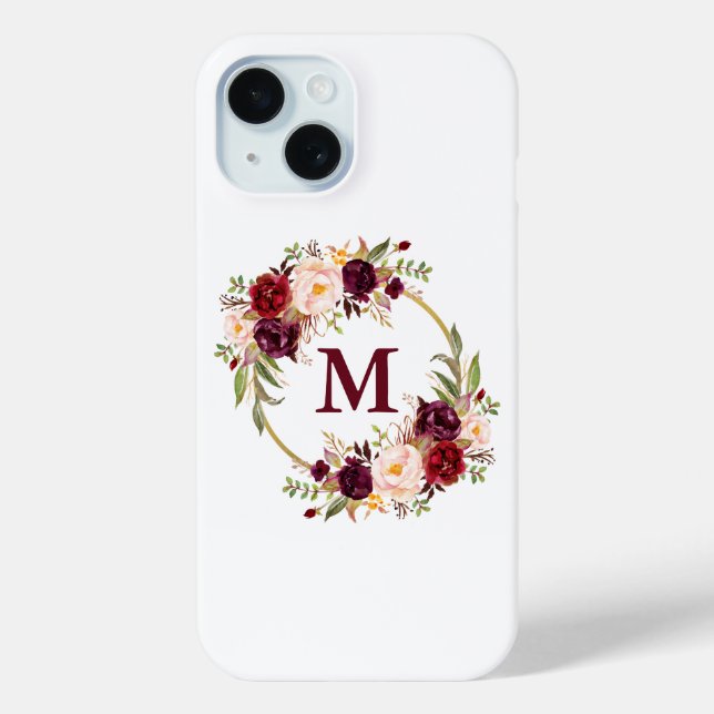 Coques Case-Mate iPhone Aquarelle Bourgogne Floral Monogramme de couronne (Verso)