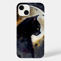 Aquarelle Chat Noir Eclipse Lune Oeuvre