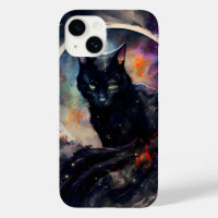 Aquarelle Chat Noir Eclipse Lune Oeuvre