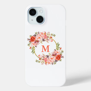 Coque Pour iPhone 15 Aquarelle Coral Floral Wreath Monogramme