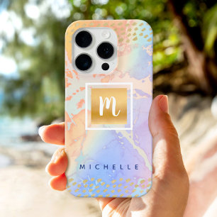 Coques iPhone 16 Pro Aquarelle couleur or violet bleu moderne nom monog