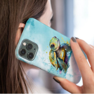 Coque Pour iPhone 14 Aquarelle Cute Tortue de mer Oeuvre d'art bleu