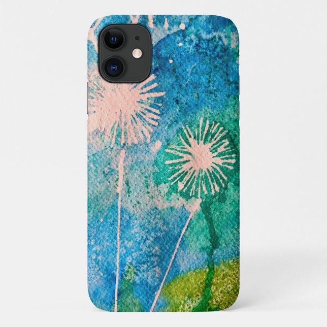 Coques Case-Mate iPhone Aquarelle de Dandelion bleu et vert abstrait (Dos)