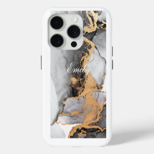 Coque iPhone 15 Pro Aquarelle de luxe personnalisée en noir et or