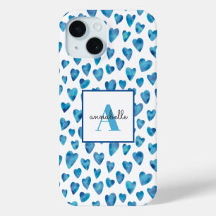 Coque Pour iPhone 15 Aquarelle du coeur bleu monogramme