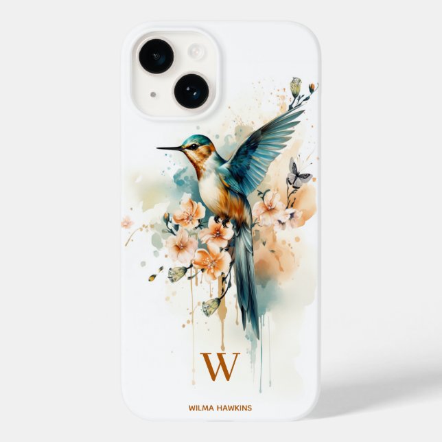 Coques Case-Mate iPhone Aquarelle Élégant Monogramme De Colibri Avec Nom (Verso)