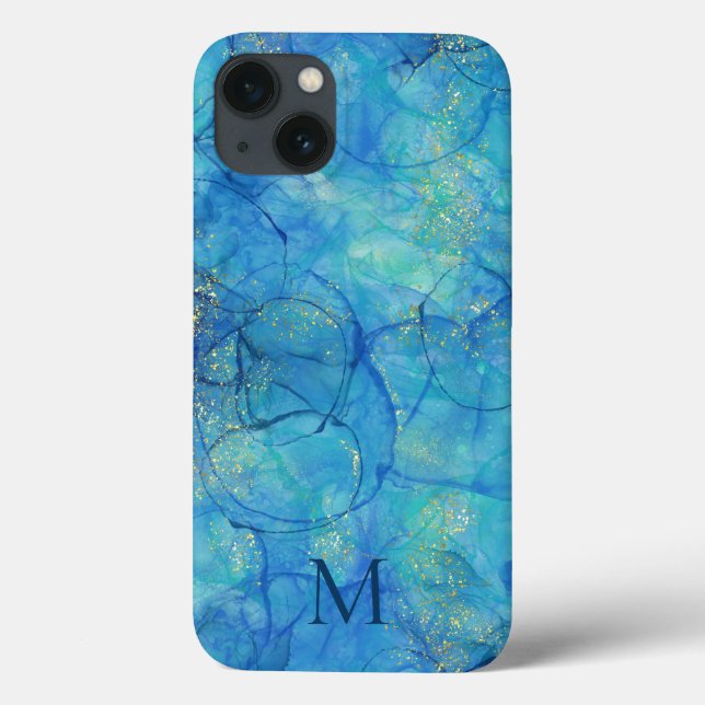 Coques Case-Mate iPhone Aquarelle encre bleu et or + monogramme (Verso)