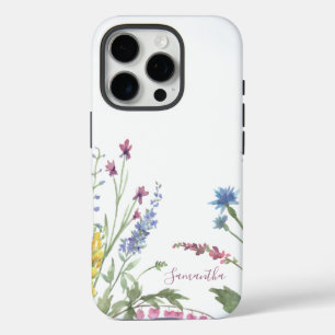 Coques iPhone 16 Pro Aquarelle fleur sauvage bleu couronne Personnalisé