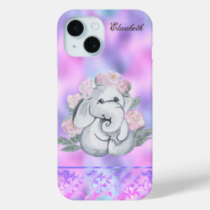 Coque Pour iPhone 15 Aquarelle Fleurs Éléphant Holographique