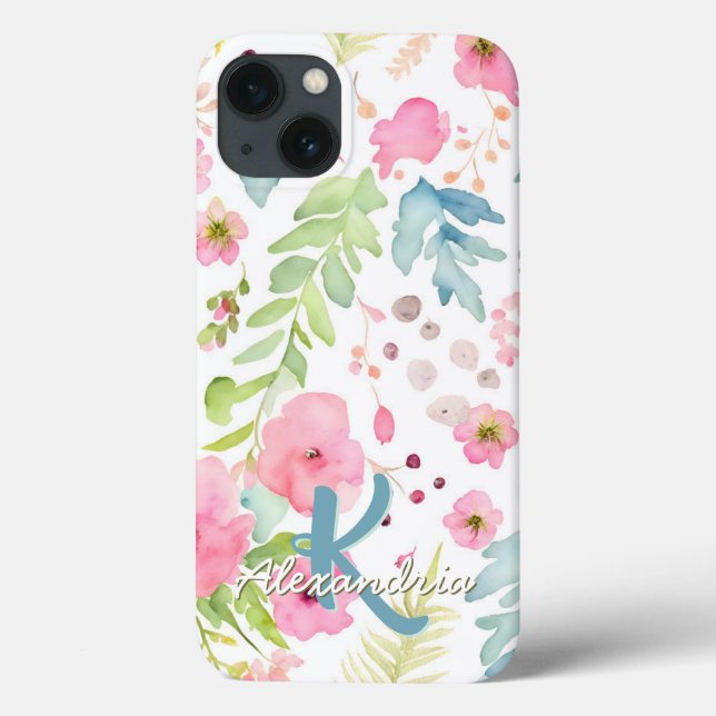 Coques Case-Mate iPhone Aquarelle Fleurs Roses Vierges Nom du monogramme (Verso)