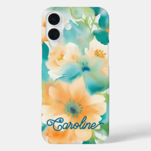 Coques iPhone 16 Plus Aquarelle fleurs sauvages orange sarcelle