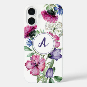 Coque Pour iPhone 16 Aquarelle Floral bleu rose Fleur sauvage Monogramm